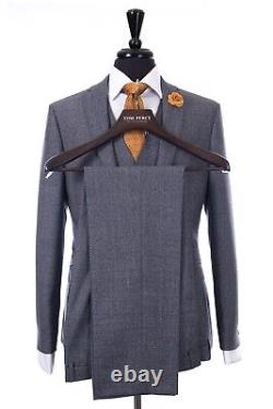 Men's 3 Piece Blue Grey Check Slim Fit Formal Wedding Suit 38R W32 L31