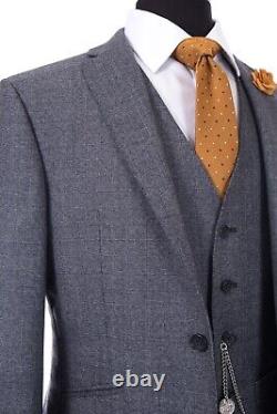 Men's 3 Piece Blue Grey Check Slim Fit Formal Wedding Suit 40R W34 L31