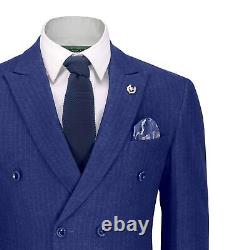 Men's 3 Piece Double Breasted Suit Blue Pinstripe 1920 Retro Gatsby Tailored Fit