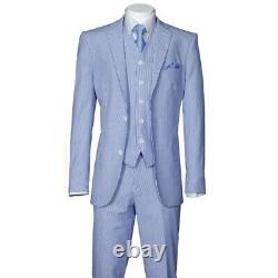 Men's 3 Piece Fashion Striped Seersucker Suit With Vest&Pants Slim Fit 2 Button