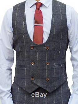 Men's 3 Piece Grey Slim Fit Check Tweed Suit Clearance