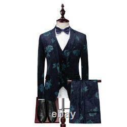Men's 3 Piece Slim Fit Suit Set Tuxedo Button Floral Jacket Vest Business Pants