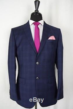 Men's Alexandre Savile Row Navy Blue Checked Slim Fit Suit 38R W32 L29 AA465