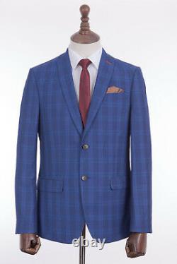 Men's Blue Check Mod Suit Slim Fit Antique Rogue 44R W34 L33