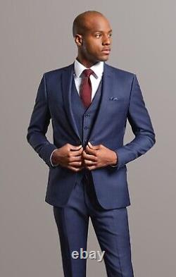 Men's Blue Checked Three Piece Suit Wool Slim Fit Tom Percy RRP£369.99