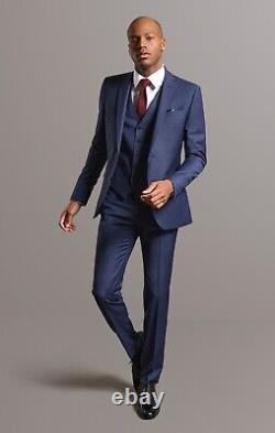 Men's Blue Checked Three Piece Suit Wool Slim Fit Tom Percy RRP£369.99