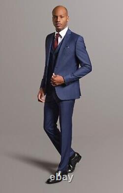 Men's Blue Checked Three Piece Suit Wool Slim Fit Tom Percy RRP£369.99