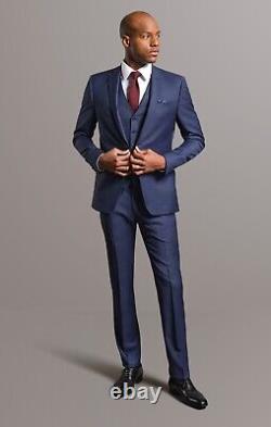 Men's Blue Checked Three Piece Suit Wool Slim Fit Tom Percy RRP£369.99