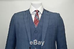 Men's Blue Glen Plaid 3 Piece 2 Button Slim Fit Suit SIZE 38S NEW