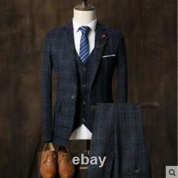 Men's British Style Slim Fit Grid Weddimg Formal Blazer+Pants+Vest 3Pcs OL Suits