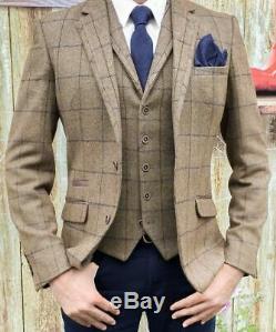 Men's Brown Check Tweed Jacket or Waistcoat or Pants or 3 Piece Suit Slim Fit