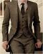 Men's Brown Tweed Herringbone Check Tan Tuxedos Groom Slim Fit Suit Custom Made