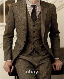 Men's Brown Tweed Herringbone Check Tan Tuxedos Groom Slim Fit Suit Custom Made