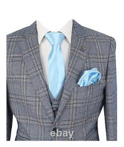 Men's Cavani Brendan Blue Slim Fit Tweed Windowpane Check Herringbone Suit