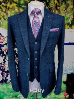 Men's Cavani Carnegi Peaky Blinders 3 Piece Blue Check Tweed Slim Fit Suit