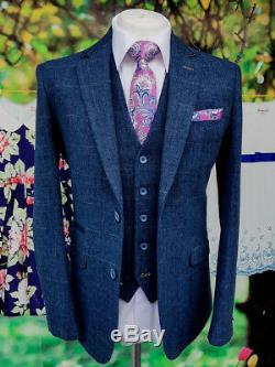 Men's Cavani Carnegi Peaky Blinders 3 Piece Blue Check Tweed Slim Fit Suit