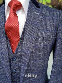 Men's Cavani Miles 3 Piece Blue Check Tweed Slim Fit Suit Perfect For Weddings