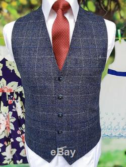 Men's Cavani Miles 3 Piece Blue Check Tweed Slim Fit Suit Perfect For Weddings