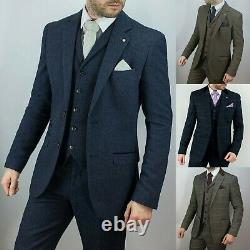 Men's Cavani Peaky Blinders Tweed Check Herringbone Wedding Fitted 3 Piece Suit