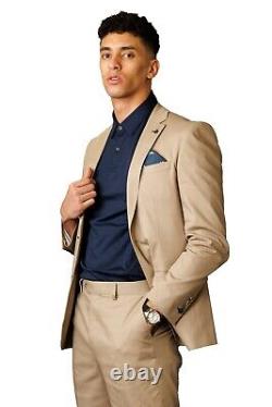 Men's Cotton Summer Spring Suit Wedding Slim Fit 2 Piece Set in Beige