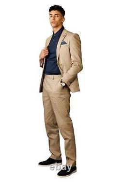 Men's Cotton Summer Spring Suit Wedding Slim Fit 2 Piece Set in Beige