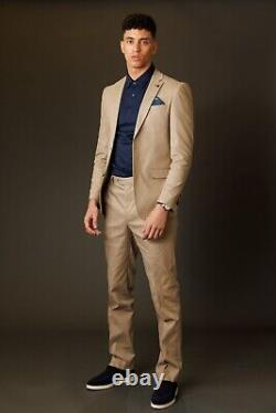 Men's Cotton Summer Spring Suit Wedding Slim Fit 2 Piece Set in Beige