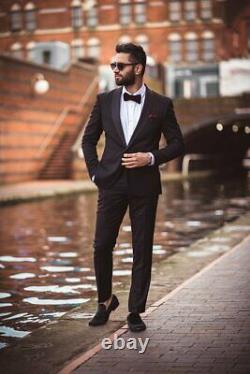 Men's Designer Black Slim Fit Textured Tuxedo Wedding Dinner Party Occasion Suit