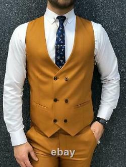 Men's Mustard 3 Piece Slim Fit Suit Wedding Peak Lapel Groom Tuxedos Formal Suit