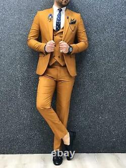 Men's Mustard 3 Piece Slim Fit Suit Wedding Peak Lapel Groom Tuxedos Formal Suit