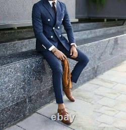 Men's Navy Blue Double Breasted Suit Slim Fit Dinner Prom Tuxedos Wedding Suits