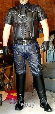 Men's Real Leather Pants & Police Shirt Contrast Piping & Quilted BLUF Suit