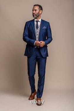 Men's Royal Blue Slim-Fit Suit with Grey Waistcoat Wedding & Business Attire