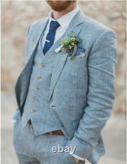 Men's Sky Blue Cotton Linen 3Pcs Slim Fit Suit Groom Tuxedos Wedding Suit Custom