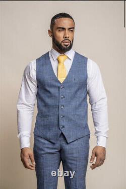 Men's Slim Fit Check 3 Piece Suit Blue Prince Wales Style Formal / Phantom