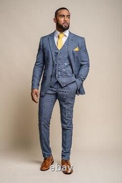 Men's Slim Fit Check 3 Piece Suit Blue Prince Wales Style Formal RRP £ 229.97