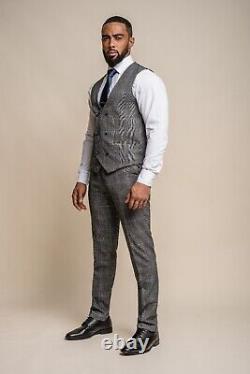 Men's Slim Fit Grey Tweed Check 3PC Suit Windowpane Retro Vintage Suit RRP£229