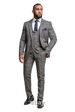 Men's Slim Fit Grey Tweed Check 3PC Suit Windowpane Retro Vintage Suit RRP£229