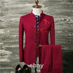 Men's Slim Fit Suit 3pcs Formal Dress Embroidered Chinese style Stand Collar New