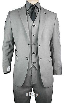 Men's Slim Fit Suit Grey Black Trim 3 Piece Work Office or Wedding Party Suit