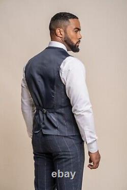 Men's Slim Fit Windowpane Check 3 Piece Suit Wool Blend Navy Suit RRP £ 229.97