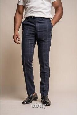 Men's Slim Fit Windowpane Check 3 Piece Suit Wool Blend Navy Suit RRP £ 229.97