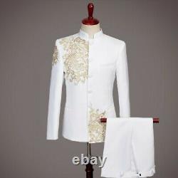 Men's Tuxedo Stand Collar 2pcs Chinese tunic Suit Blazer Slim Fit Embroidery New