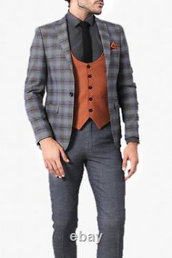 Men's Wss 3 Piece Light Blue Orange Check Slim Fit Suit Party Suit