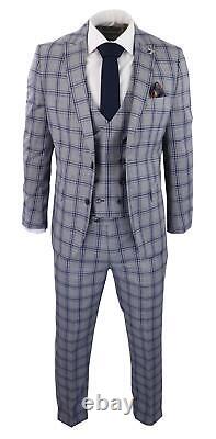 Mens 1920s Grey 3 Piece Suit Blue Check Double Breasted Waistcoat Slim Fit