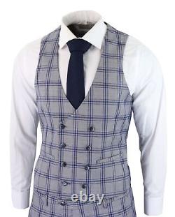Mens 1920s Grey 3 Piece Suit Blue Check Double Breasted Waistcoat Slim Fit