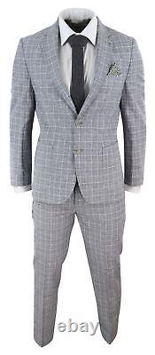 Mens 2 Piece Linen Suit Black Grey Prince Of Wales Check Slim Fit Wedding Prom