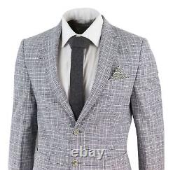 Mens 2 Piece Linen Suit Black Grey Prince Of Wales Check Slim Fit Wedding Prom