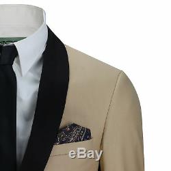Mens 3 Piece Black Shawl Lapel Champagne Gold Slim Fit Vintage Suit Wedding Prom