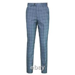 Mens 3 Piece Blue Check Suit Retro Vintage Smart Tailored Fit Classic Formal
