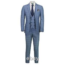 Mens 3 Piece Blue Check Suit Retro Vintage Smart Tailored Fit Classic Formal